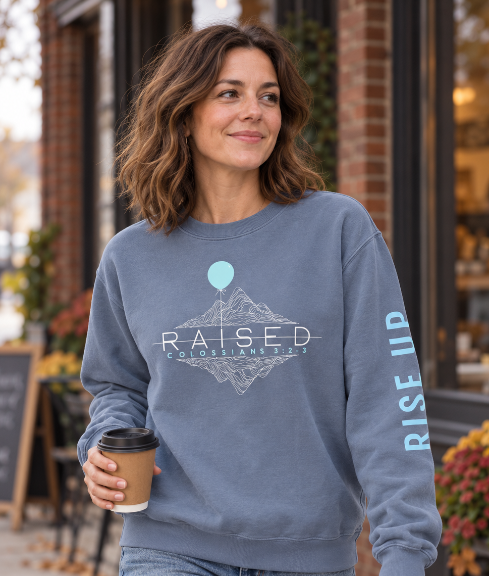 RAISED-Front and Sleeve print, split-side Crew