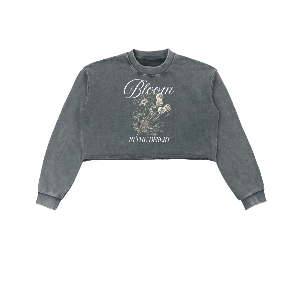 BLOOM IN THE DESERT-Snow Washed Raw Edge Cropped Sweatshirt